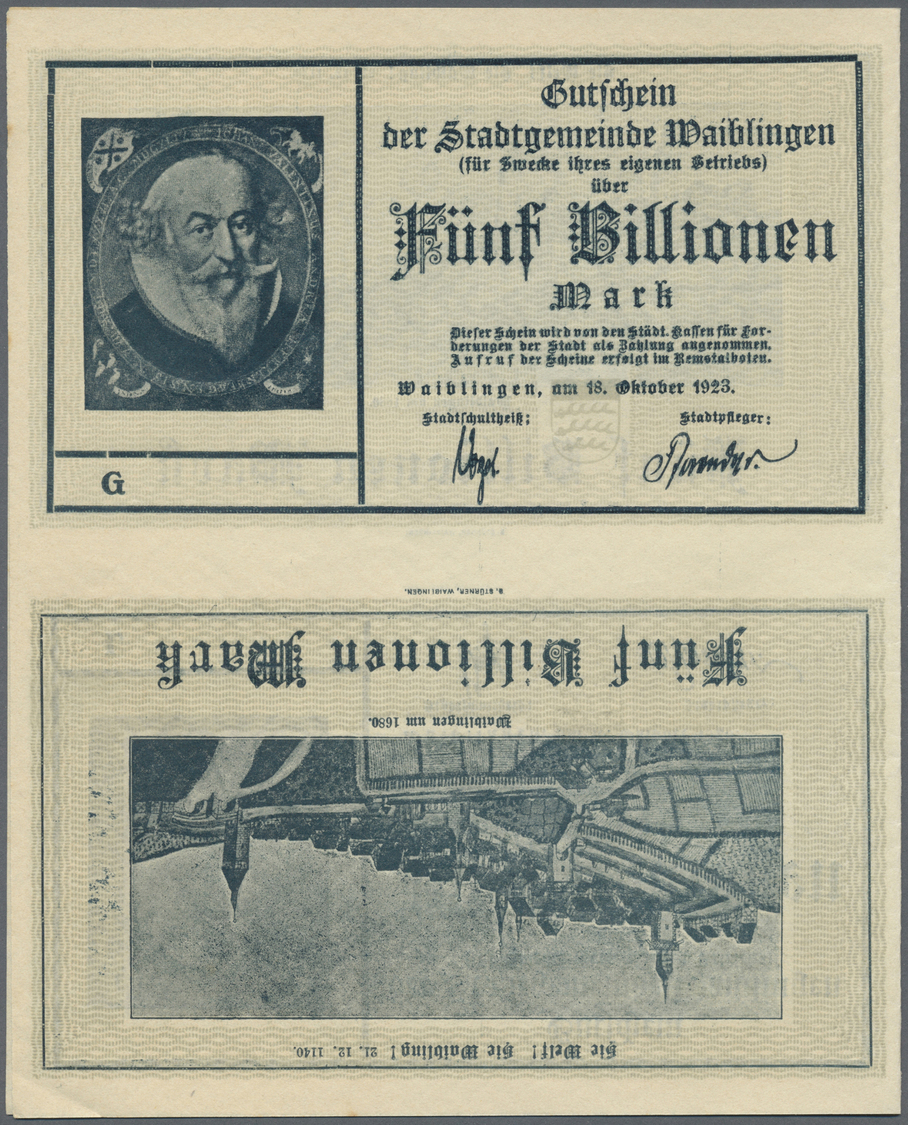 04379 Deutschland - Notgeld - Württemberg: Waiblingen, Stadtgemeinde, 5 Billionen Mark, 18.10.1923, 4 Mittig Gefaltete D - [11] Emissions Locales