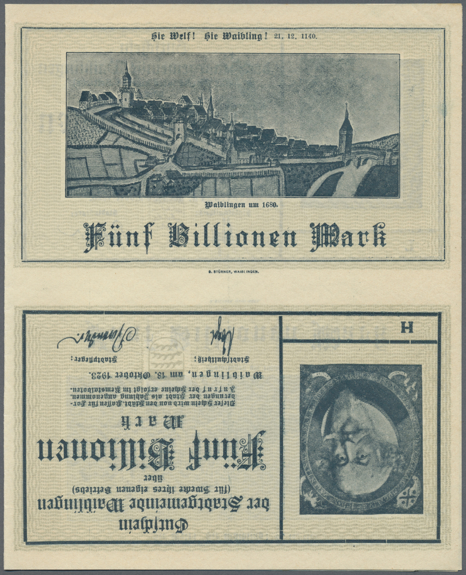 04379 Deutschland - Notgeld - Württemberg: Waiblingen, Stadtgemeinde, 5 Billionen Mark, 18.10.1923, 4 Mittig Gefaltete D - [11] Emissions Locales