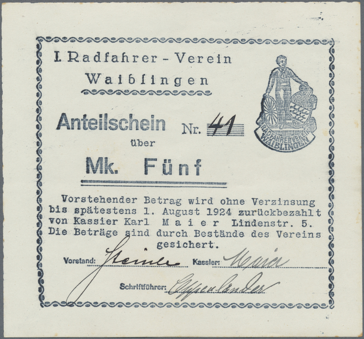 04380 Deutschland - Notgeld - Württemberg: Waiblingen, I. Radfahrer-Verein Waiblingen, 1, 3, 5 Mark, O. D. - 1.8.1924, J - [11] Emissions Locales