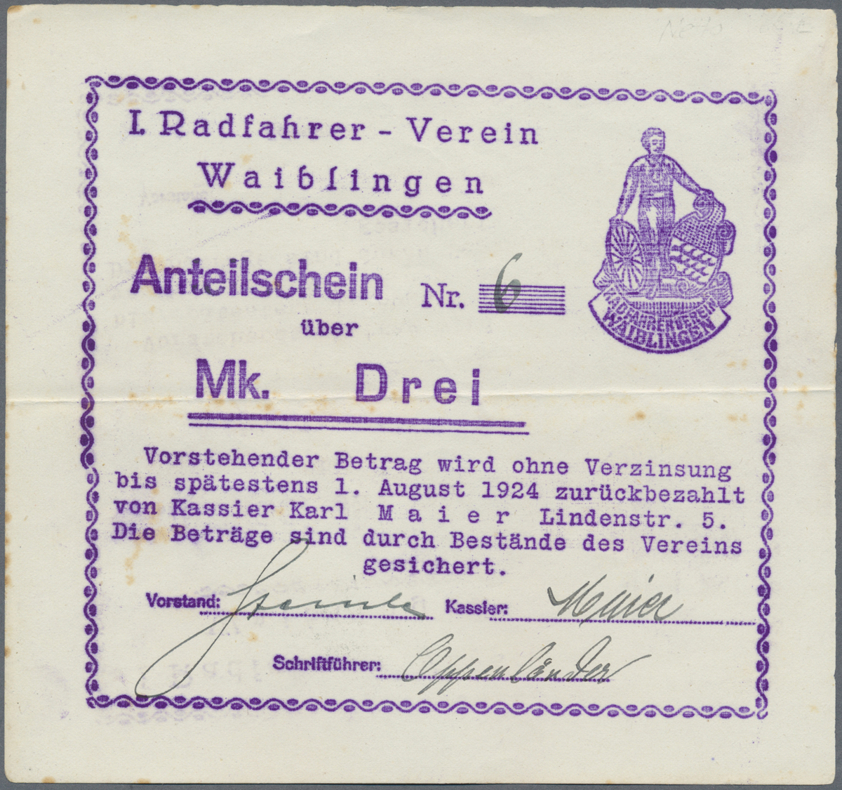 04380 Deutschland - Notgeld - Württemberg: Waiblingen, I. Radfahrer-Verein Waiblingen, 1, 3, 5 Mark, O. D. - 1.8.1924, J - [11] Emissions Locales