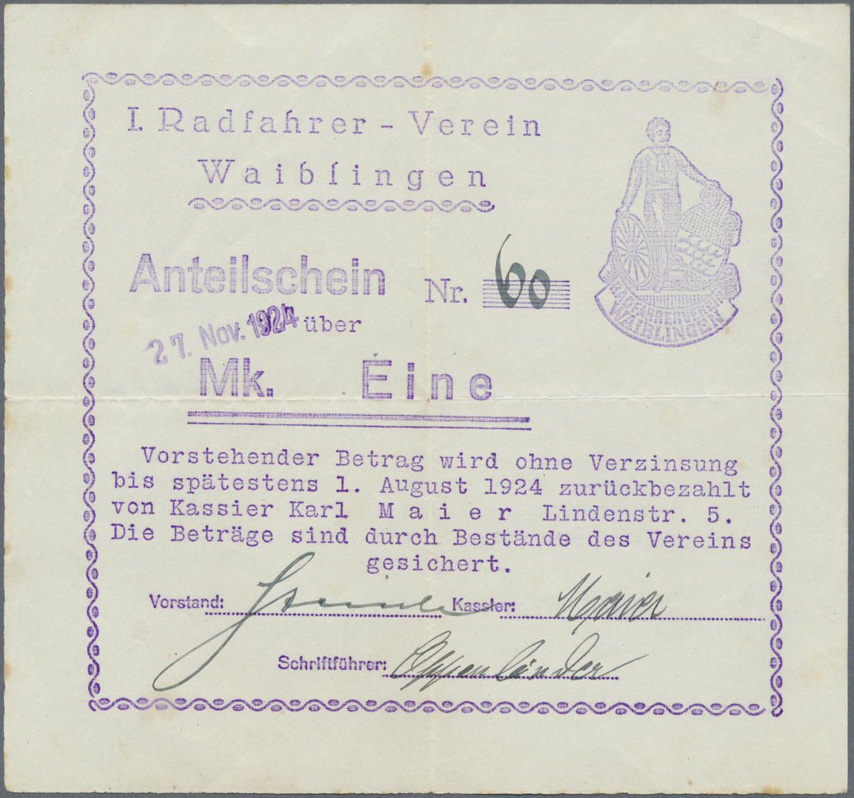 04380 Deutschland - Notgeld - Württemberg: Waiblingen, I. Radfahrer-Verein Waiblingen, 1, 3, 5 Mark, O. D. - 1.8.1924, J - [11] Emissions Locales