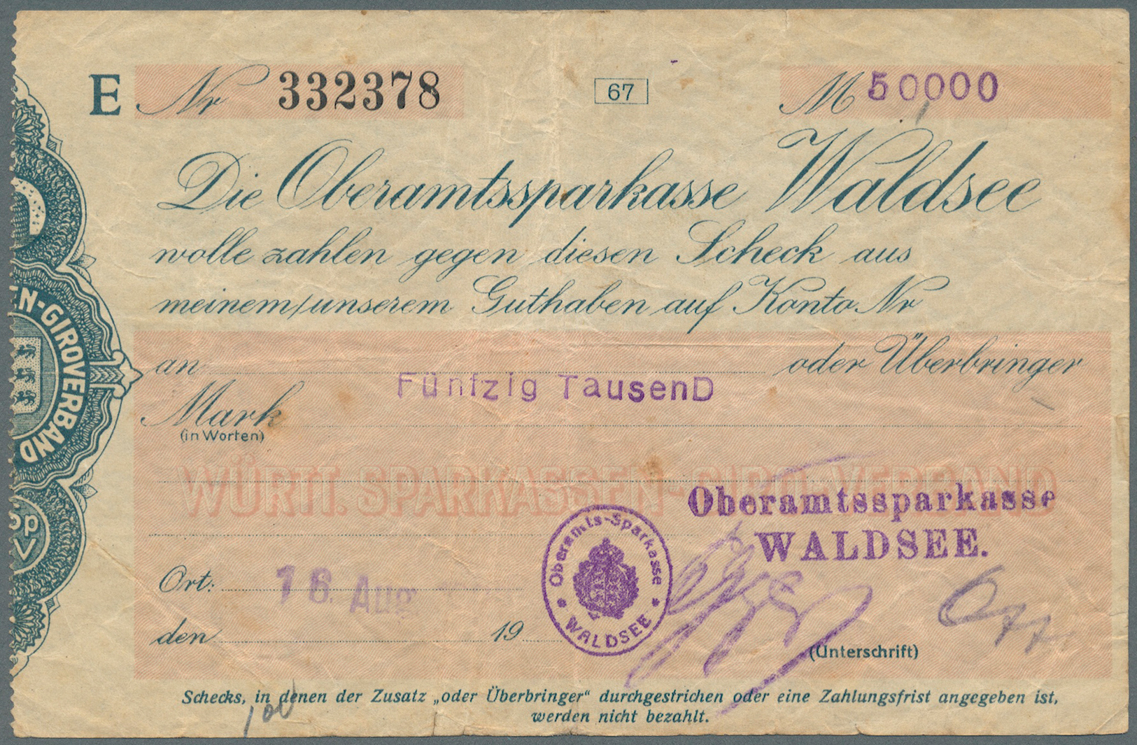 04382 Deutschland - Notgeld - Württemberg: Waldsee, Oberamtssparkasse, Gestempelte Eigenschecks, 50 Tsd., 100 Tsd. Mark, - [11] Emissions Locales