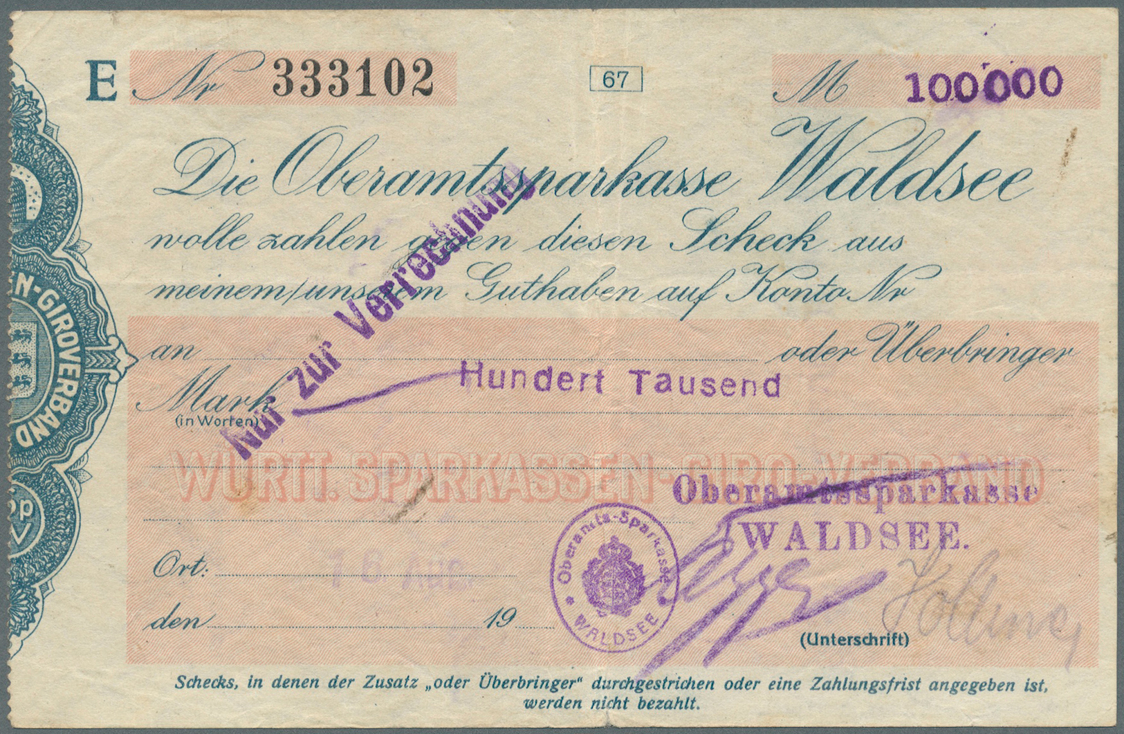 04382 Deutschland - Notgeld - Württemberg: Waldsee, Oberamtssparkasse, Gestempelte Eigenschecks, 50 Tsd., 100 Tsd. Mark, - [11] Emissions Locales