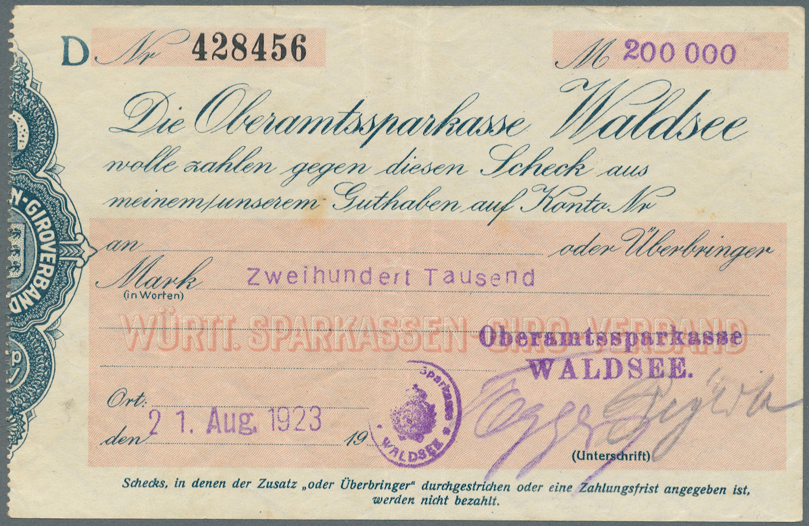 04382 Deutschland - Notgeld - Württemberg: Waldsee, Oberamtssparkasse, Gestempelte Eigenschecks, 50 Tsd., 100 Tsd. Mark, - [11] Emissions Locales