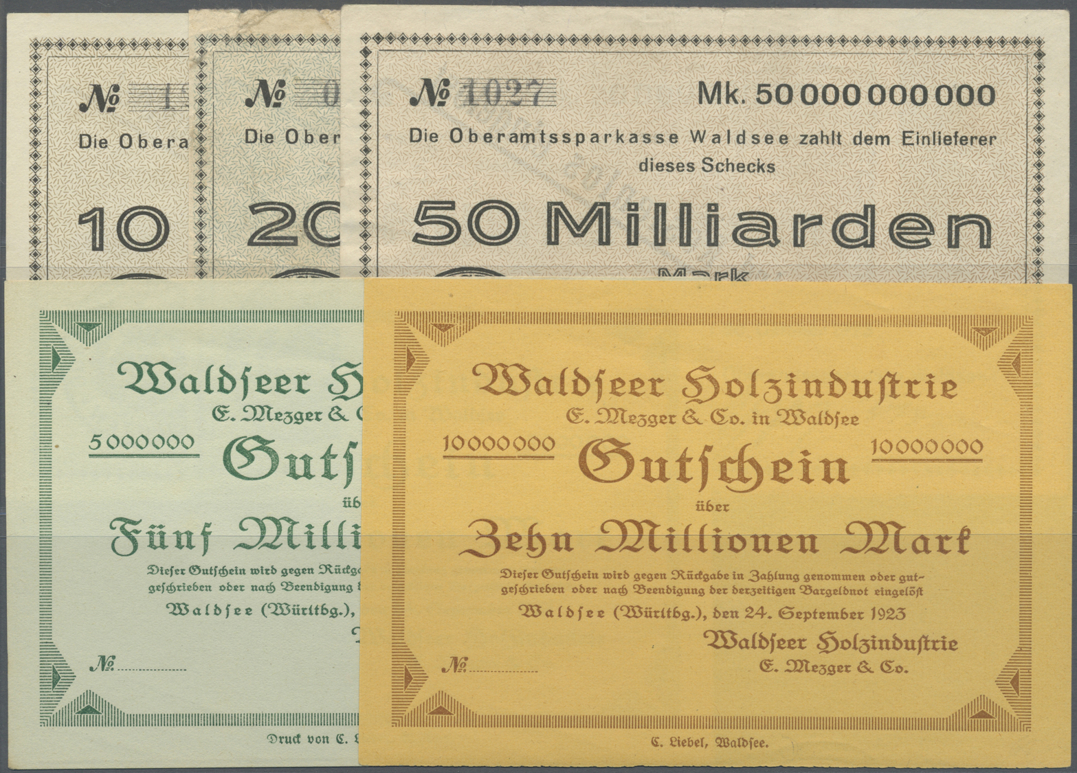 04383 Deutschland - Notgeld - Württemberg: Waldsee, Oberamtssparkasse, 10, 20 (beschnitten), 50 Mrd. Mark, 30.10.1923, E - [11] Emissions Locales