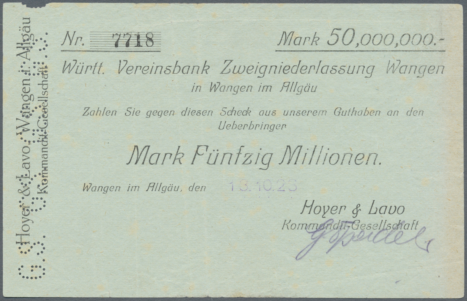 04387 Deutschland - Notgeld - Württemberg: Wangen, Hoyer & Lavo KG, 50 Mio. Mark, 13.10.1923 (Datum Gestempelt - Nicht B - [11] Emissions Locales