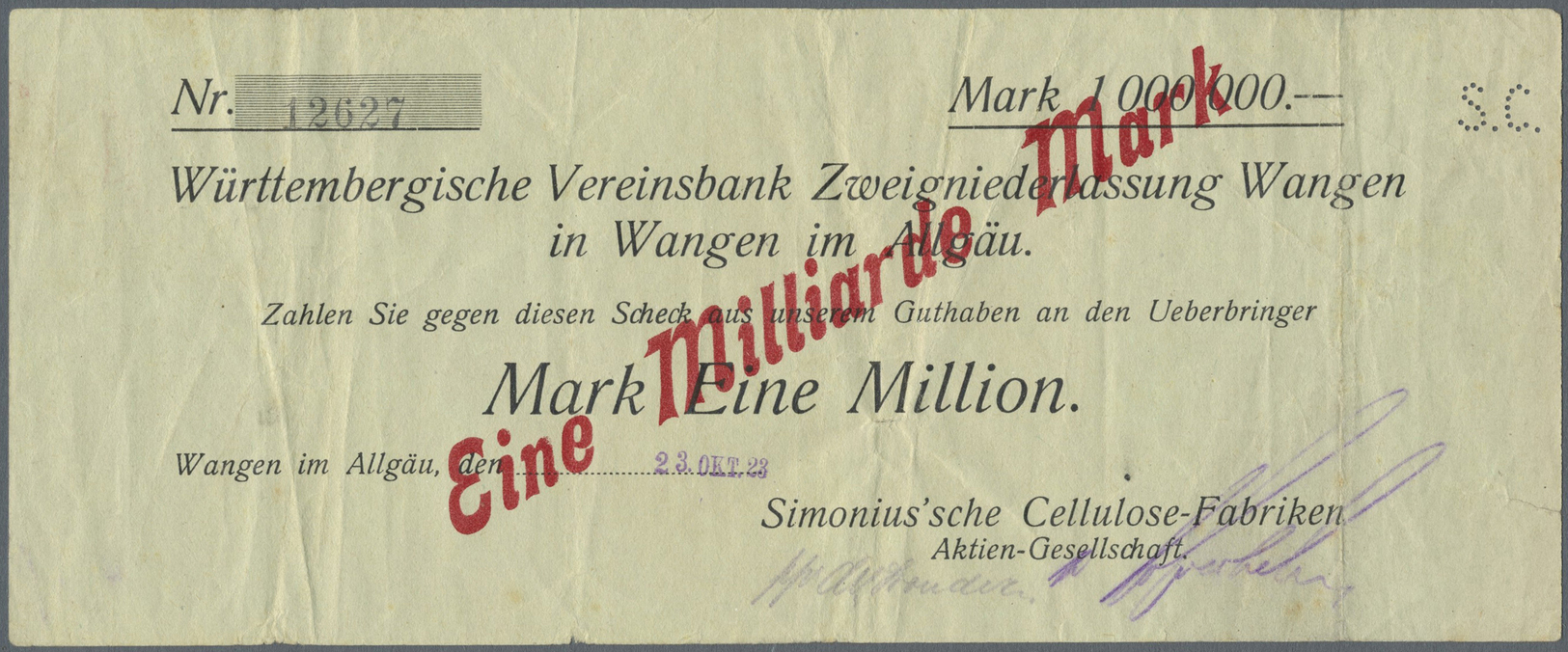 04390 Deutschland - Notgeld - Württemberg: Wangen, Simonius'sche Cellulose-Fabriken AG, 5 Mio. Mark, 23.8.1923 (Datum Ge - [11] Emissions Locales