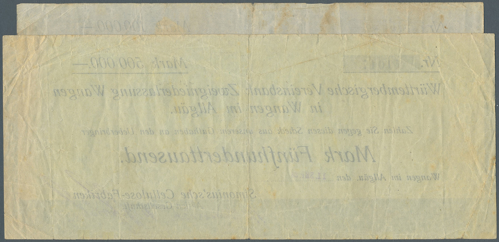 04391 Deutschland - Notgeld - Württemberg: Wangen, Simonius'sche Cellulose-Fabriken AG, 100 Tsd. Mark, 10.8.1923 (wohl B - [11] Emissions Locales