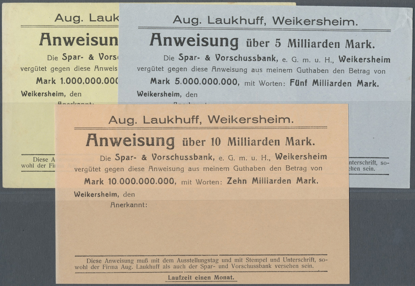 04393 Deutschland - Notgeld - Württemberg: Weikersheim, Aug. Laukhoff, 1, 5, 10 Mrd. Mark, Blanko Ohne Datum, Stempel Un - [11] Emissions Locales