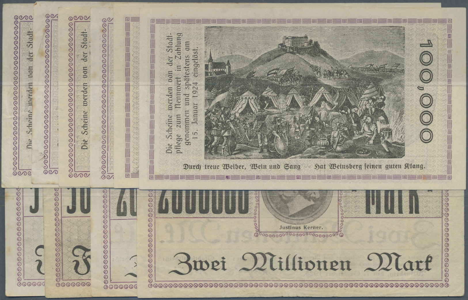 04397 Deutschland - Notgeld - Württemberg: Weinsberg, Stadtgemeinde, 100, 500 Tsd., 1, 2, 5 Mio. Mark, 7.9.1923, Jeweils - [11] Emissions Locales