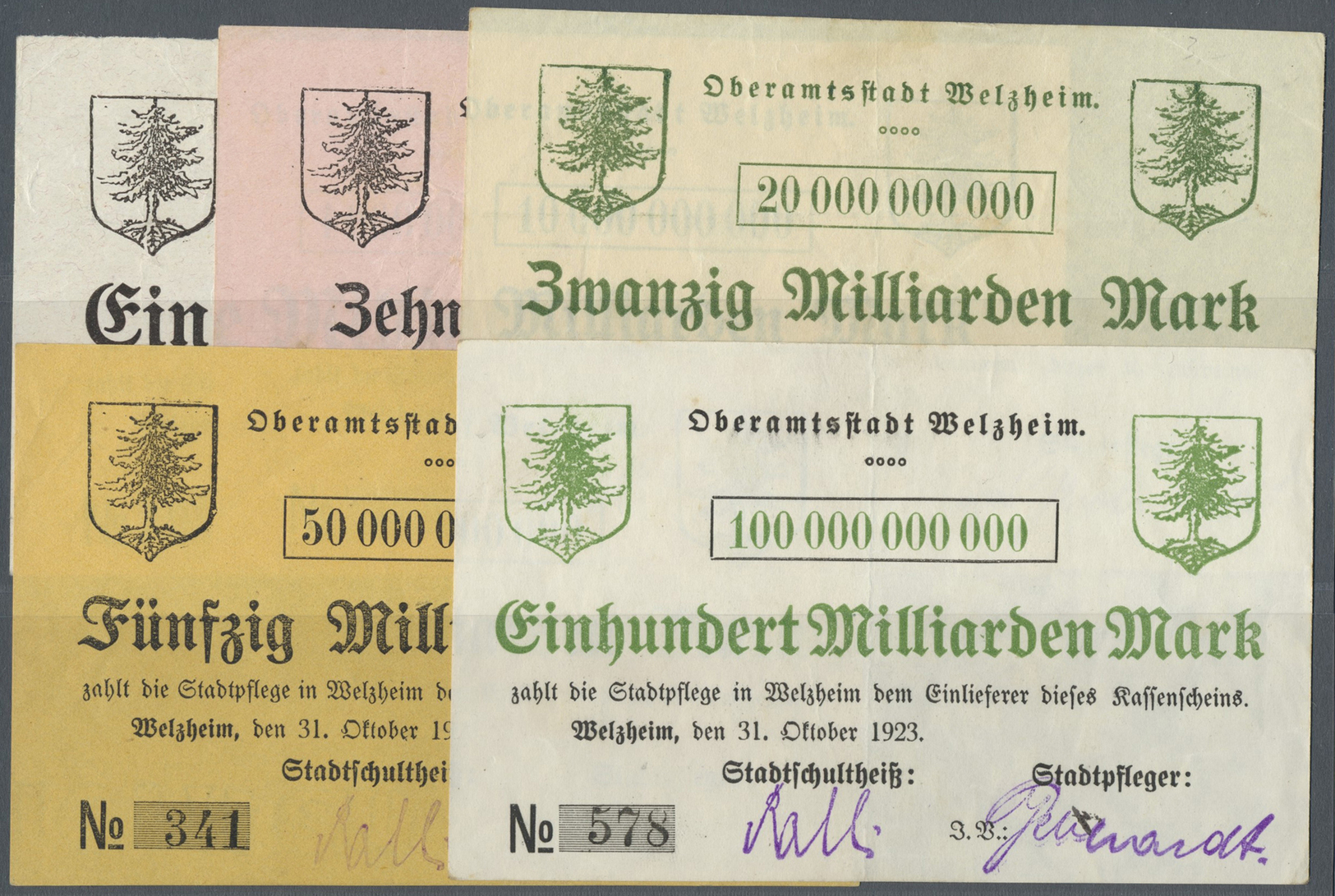 04398 Deutschland - Notgeld - Württemberg: Welzheim, Oberamtsstadt, 1, 10, 20, 50, 100 Mrd. Mark, 31.10.1923, Erh. II-II - [11] Emissions Locales