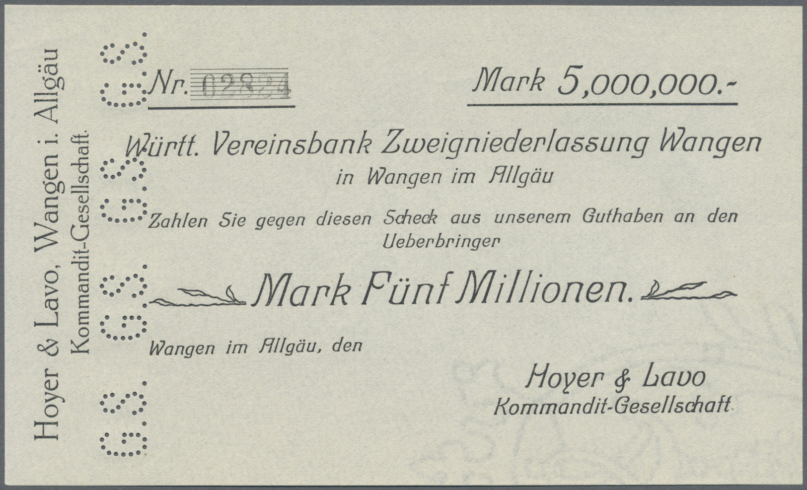 04399 Deutschland - Notgeld - Württemberg: Wangen, Hoyer & Lavo KG, 5 Mio. Mark, O. D. Und Unterschrift, Mit Firmen-Wass - [11] Emissions Locales