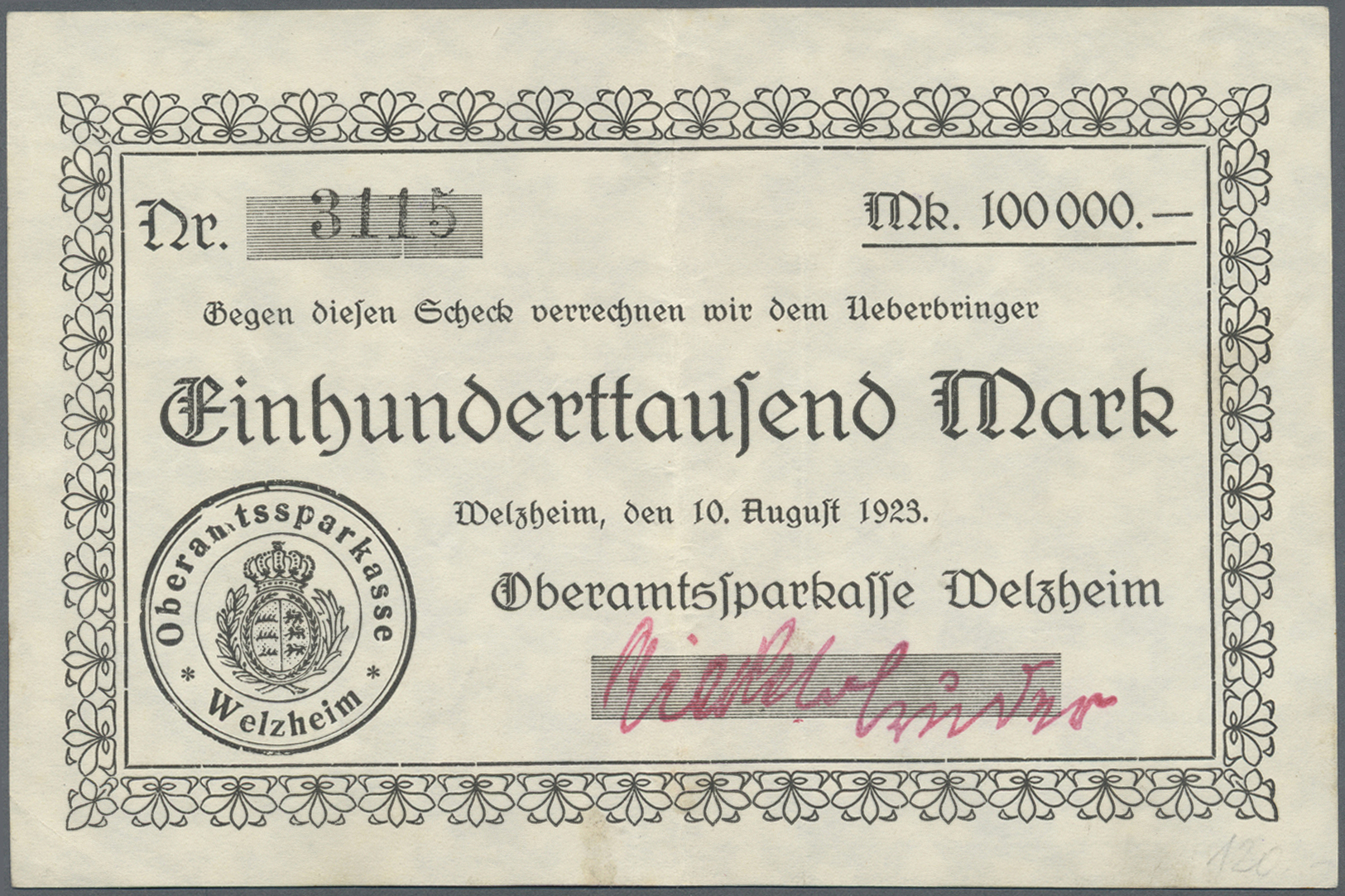04401 Deutschland - Notgeld - Württemberg: Welzheim, Oberamtssparkasse, 100, 500 Tsd., 1 Mio. Mark, 10.8.1923, Erh. Meis - [11] Emissions Locales
