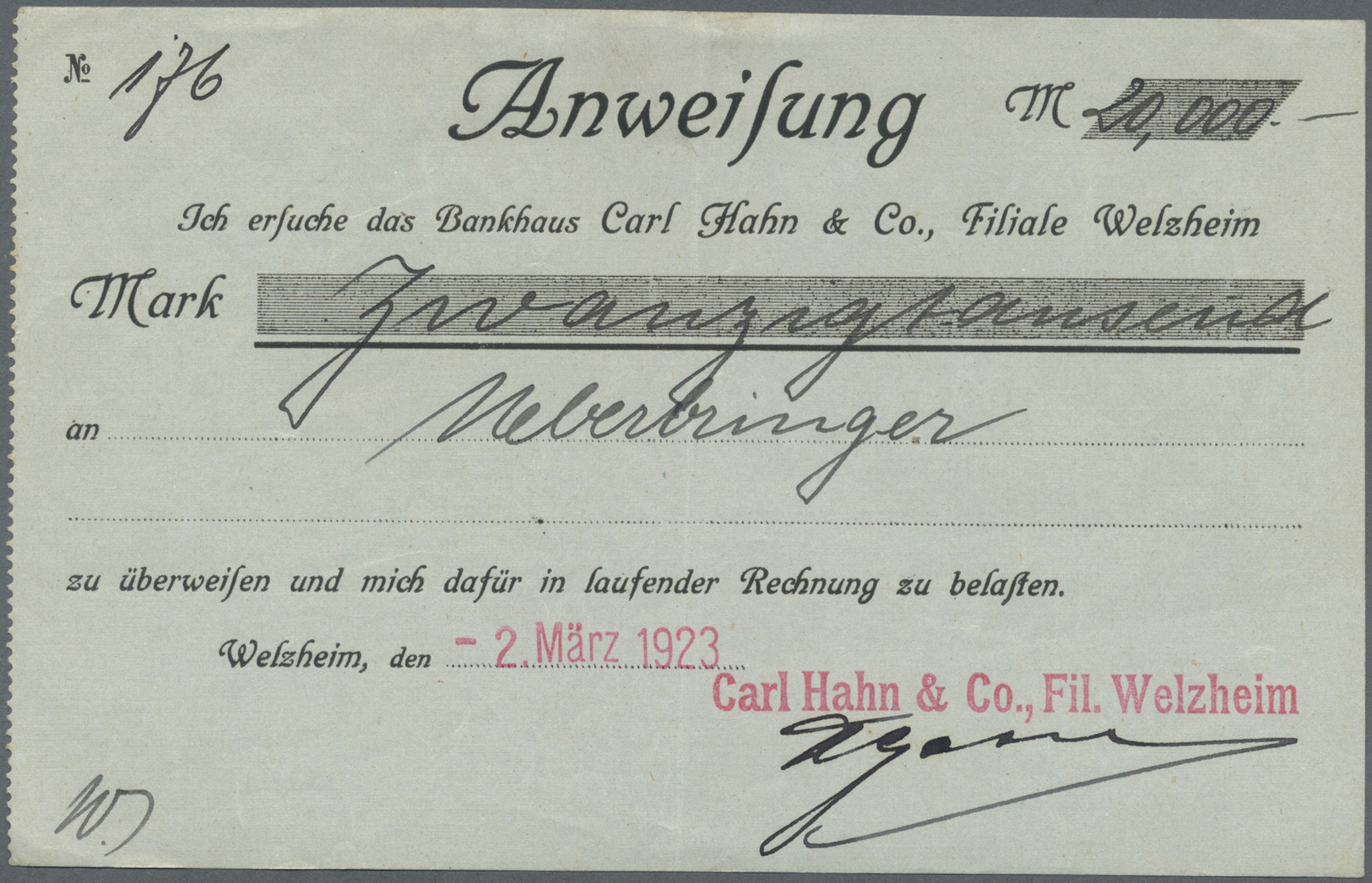 04402 Deutschland - Notgeld - Württemberg: Welzheim, Bankhaus Carl Hahn & Co., 10, 20 Tsd. Mark, 2.3.1923, Eigenanweisun - [11] Emissions Locales