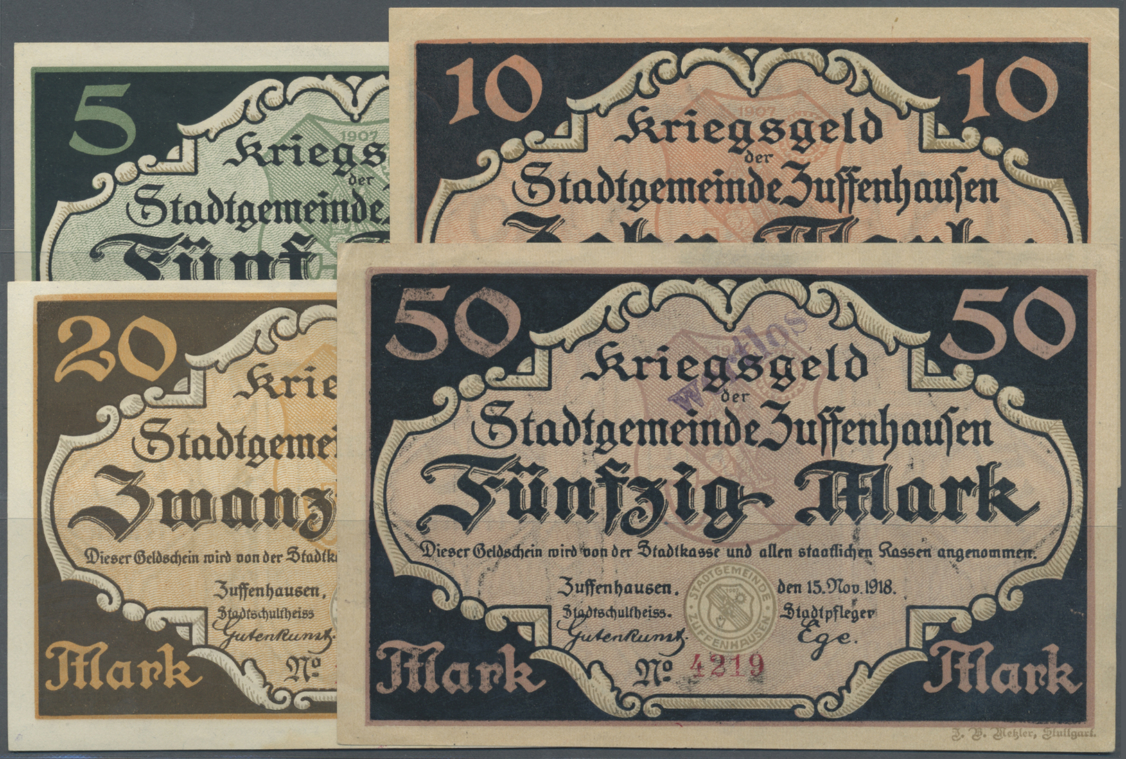 04408 Deutschland - Notgeld - Württemberg: Zuffenhausen, Stadtgemeinde, 5, 10, 20, 50 Mark, 15.11.1918 - 1.2.1919, Alle - [11] Emissions Locales