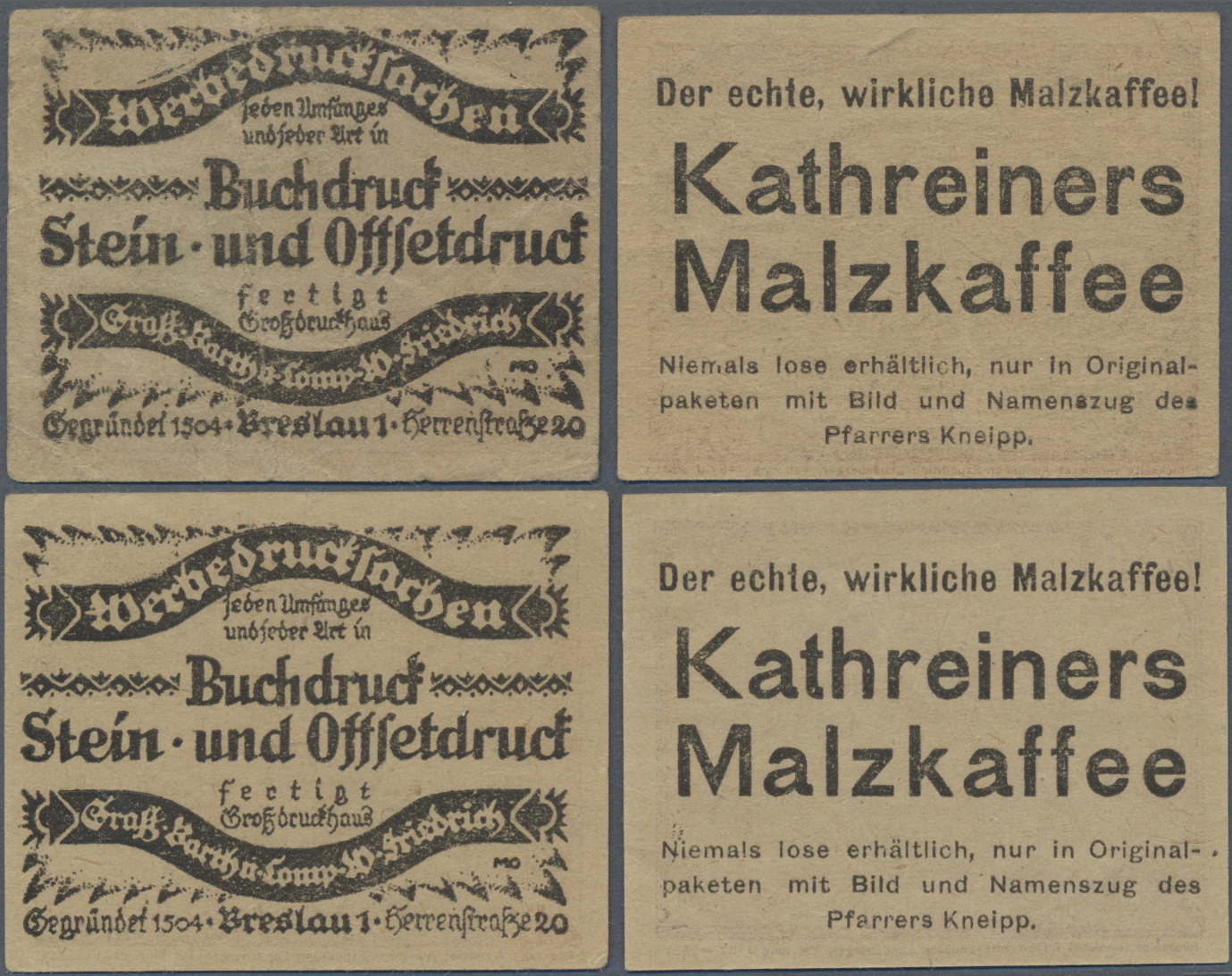 04412 Deutschland - Notgeld - Ehemalige Ostgebiete: Breslau, Städtische Straßenbahn, 4 X 20 Pf., O. D. - 30.6.1922, Druc - Autres & Non Classés