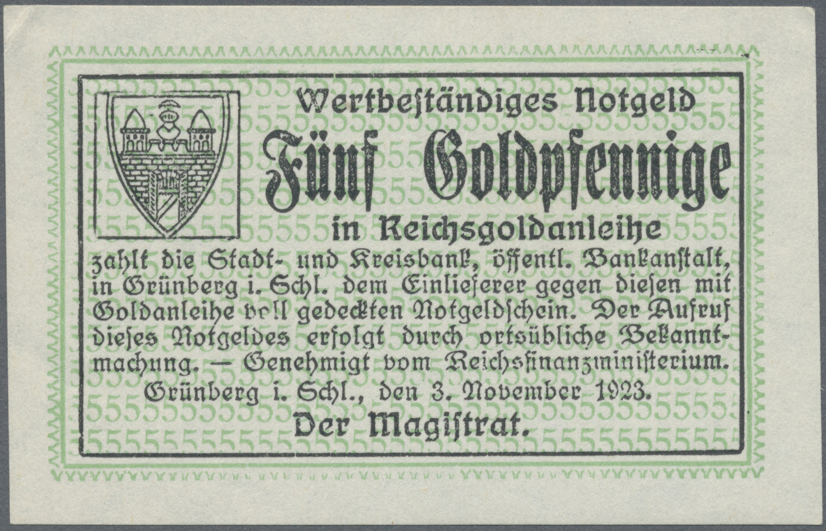 04413 Deutschland - Notgeld - Ehemalige Ostgebiete: Grünberg, Schlesien, Stadt, 5 GPf., 3.11.1923, 2 Mm Eckbug Oben Link - Autres & Non Classés