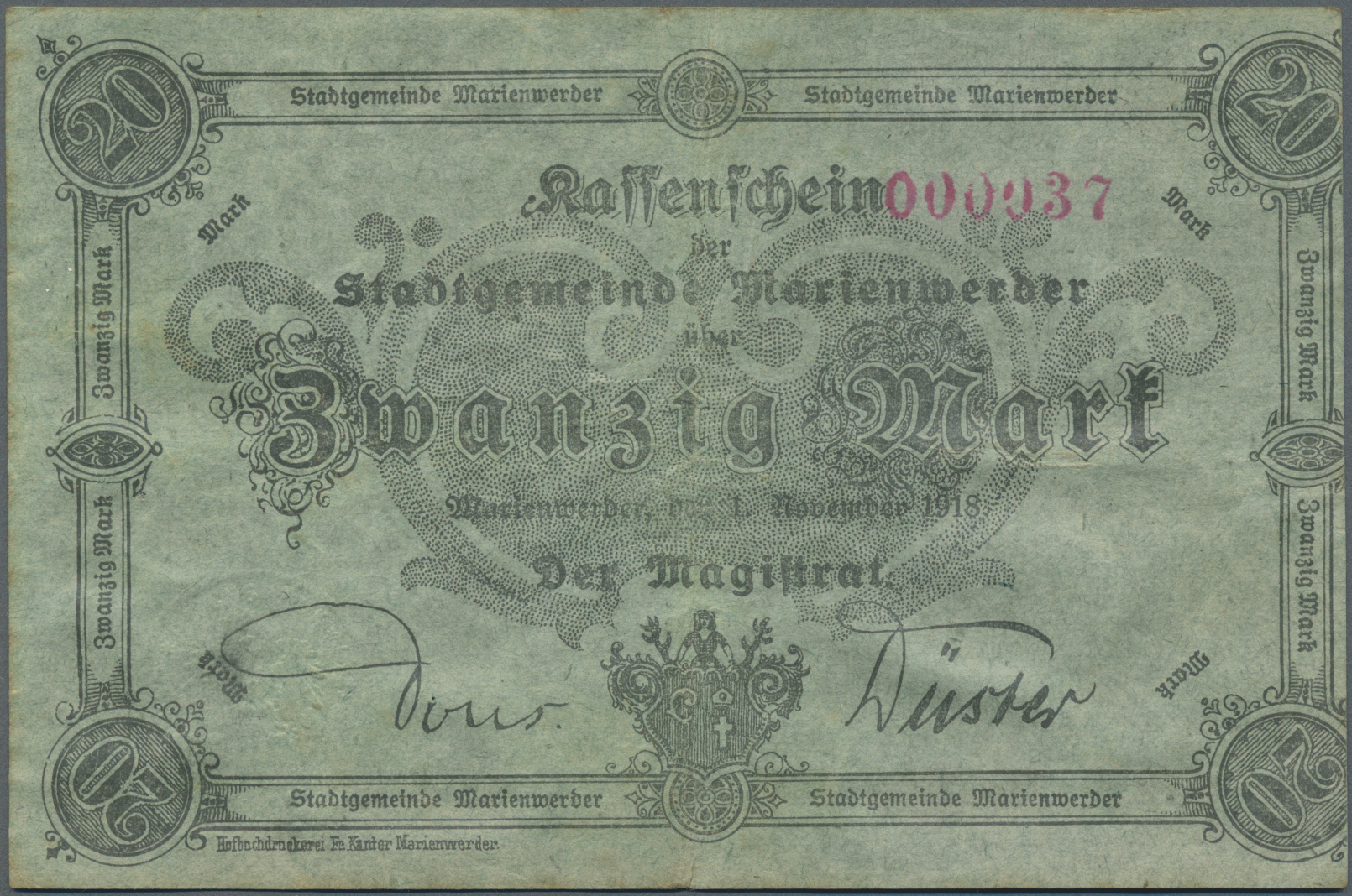 04418 Deutschland - Notgeld - Ehemalige Ostgebiete: Marienwerder, Westpreußen, Stadt, 20 Mark, 1.11.1918, Grünes Tauengl - Autres & Non Classés