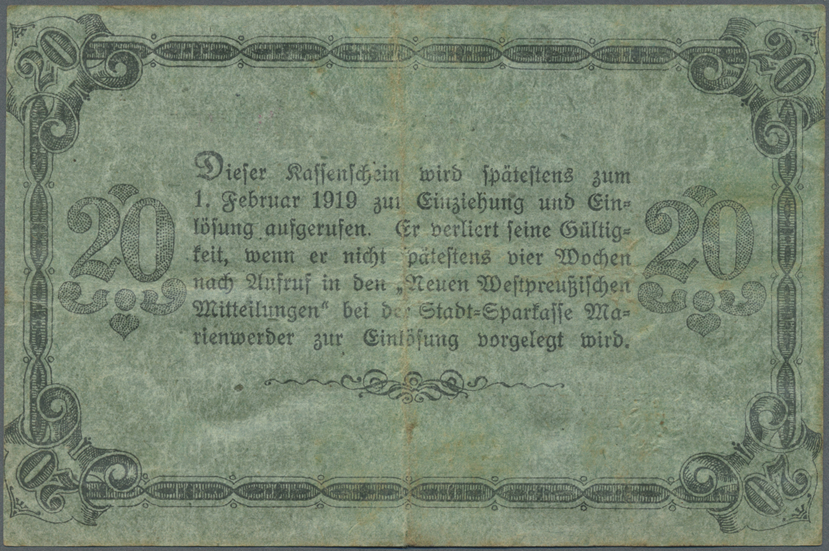 04418 Deutschland - Notgeld - Ehemalige Ostgebiete: Marienwerder, Westpreußen, Stadt, 20 Mark, 1.11.1918, Grünes Tauengl - Autres & Non Classés