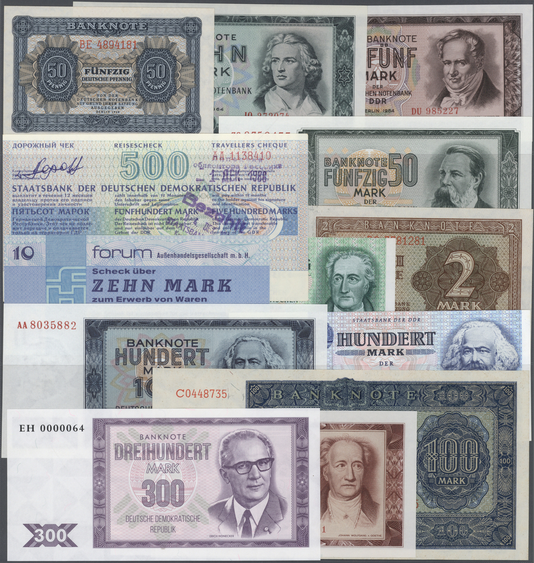 04513 Deutschland - DDR: Riesiges Lot Mit 68 Banknoten Und Schecks Der DDR Von 1948 Bis 1975, Dabei Unter Anderem 5, 10 - Autres & Non Classés