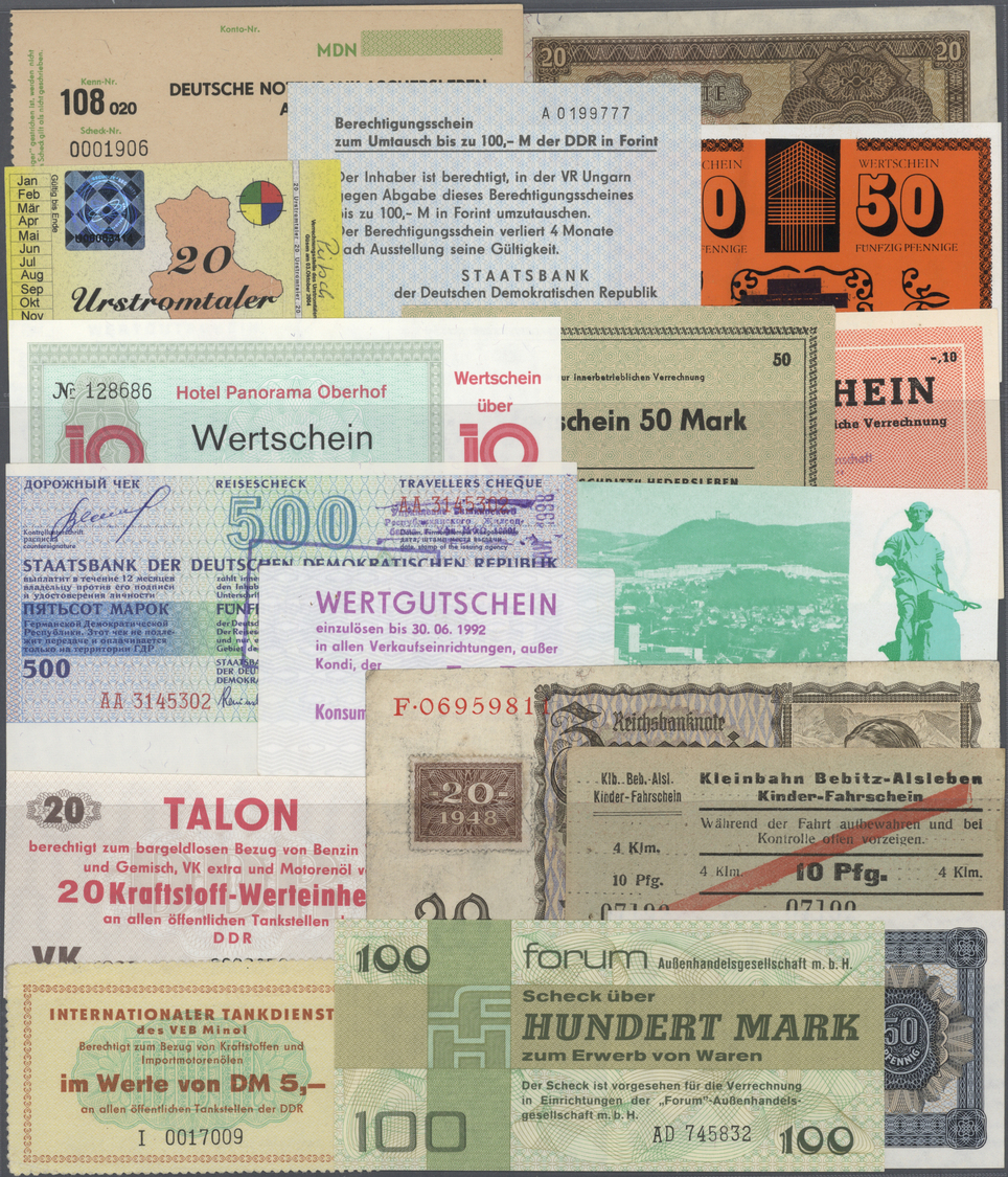04514 Deutschland - DDR: Riesiges Lot Mit 76 Banknoten, Gutscheinen Und Belegen Der DDR, Dabei 3 X 1, 5, 2 X 10 Und 20 M - Autres & Non Classés