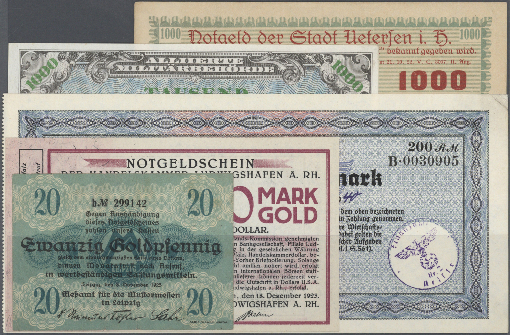 04522 Deutschland - Sonstige: Lot Mit 36 Banknoten, Steuergutscheinen Und Notgeld, Dabei 200 Reichsmark Steuergutschein - Autres & Non Classés