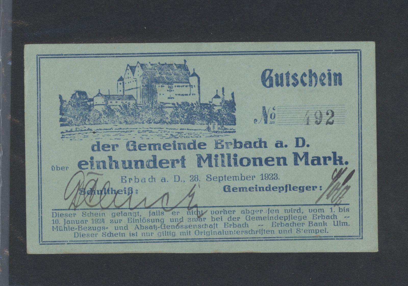 04566 Deutschland - Notgeld - Württemberg: Erbach, Gemeinde, 10 Mio. bis 1 Billion Mark, 28.9. - 26.11.1923, herausragen