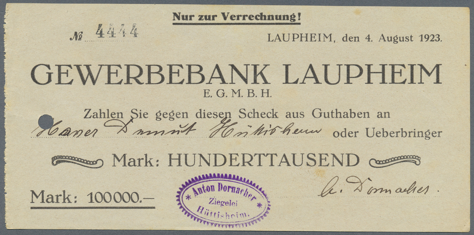 04572 Deutschland - Notgeld - Württemberg: Laupheim, Gewerbebank, 100 Tsd. Mark, 4.8. (23), 9.8.1923 (28); 500 Tsd. Mark - [11] Emissions Locales