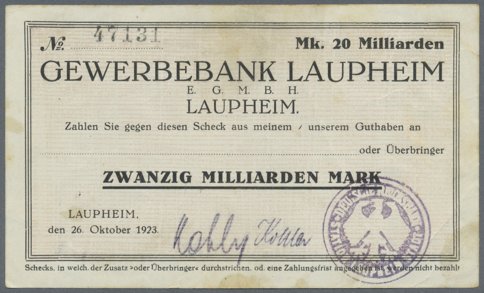 04572 Deutschland - Notgeld - Württemberg: Laupheim, Gewerbebank, 100 Tsd. Mark, 4.8. (23), 9.8.1923 (28); 500 Tsd. Mark - [11] Emissions Locales