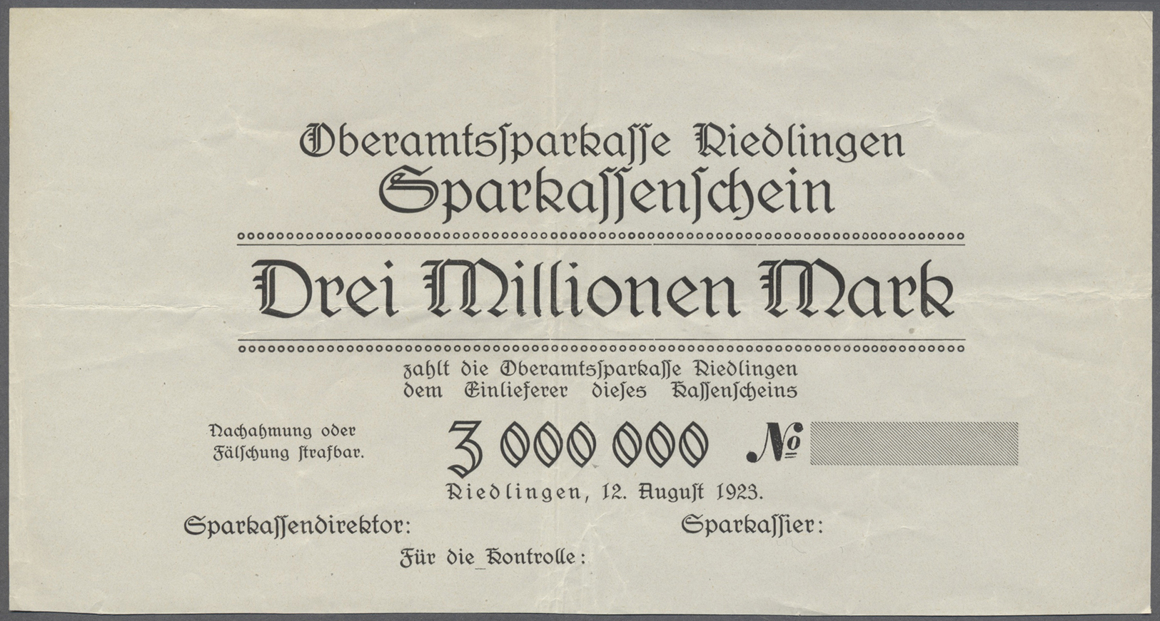 04587 Deutschland - Notgeld - Württemberg: Riedlingen, Oberamtssparkasse, 500 Tsd., 1, 2, 3 Mio. Mark, 12.8.1923, Uschr. - [11] Emissions Locales