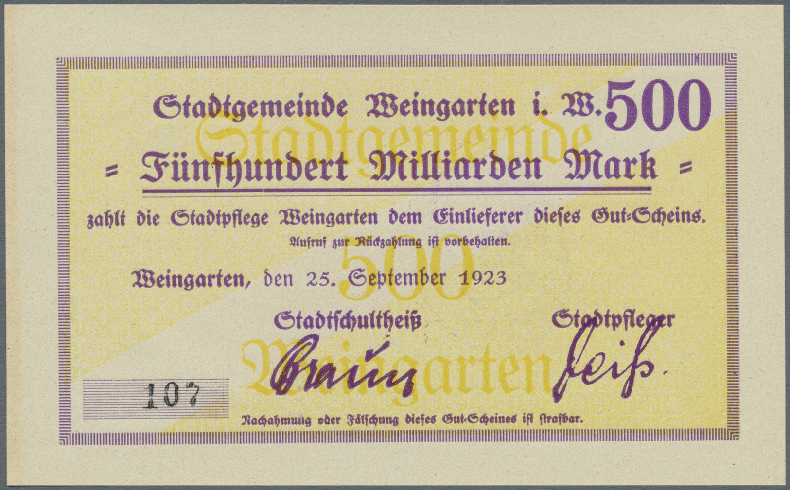 04610 Deutschland - Notgeld - Württemberg: Weingarten, Stadt, 5, 10, 20, 50 (2) Mio., 1 (2), 5, 10, 20, 50, 100, 500 Mrd - [11] Emissions Locales