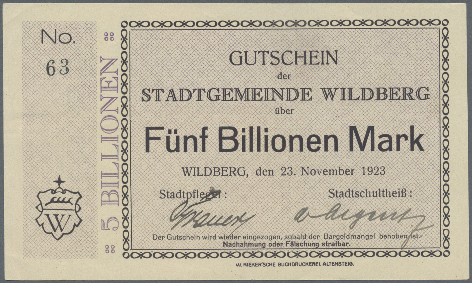 04613 Deutschland - Notgeld - Württemberg: Wildberg, Stadtgemeinde, 5, 10, 20, 50, 100 Mio. Mark, 1.10.1923, Je 3 Schrif - [11] Emissions Locales