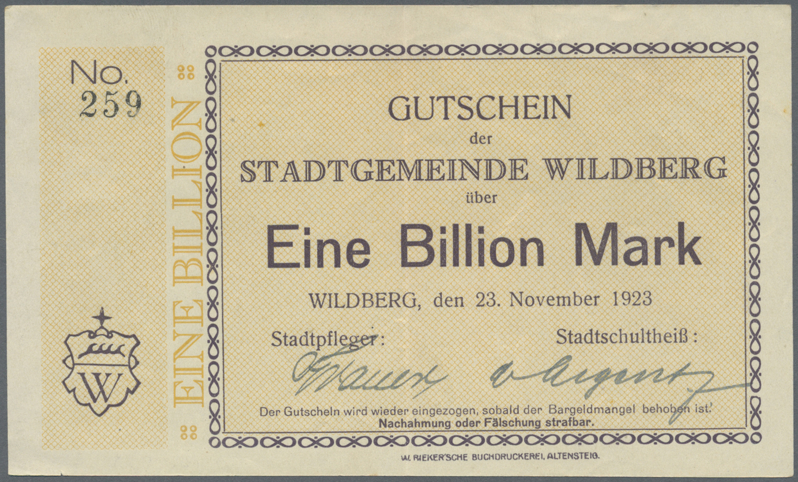 04613 Deutschland - Notgeld - Württemberg: Wildberg, Stadtgemeinde, 5, 10, 20, 50, 100 Mio. Mark, 1.10.1923, Je 3 Schrif - [11] Emissions Locales