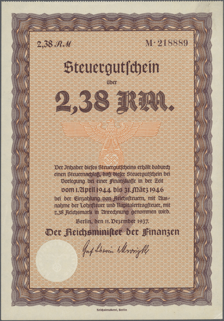 04616 Deutschland: Kleines Lot Mit 20 Diversen Steuergutscheinen Deutsches Reich 1937 Zu 2,38 RM Und 3,80 RM, Lebensmitt - Autres & Non Classés