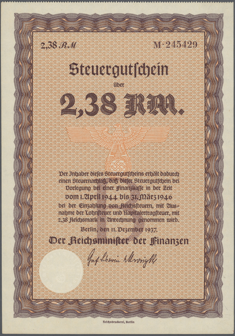 04616 Deutschland: Kleines Lot mit 20 diversen Steuergutscheinen Deutsches Reich 1937 zu 2,38 RM und 3,80 RM, Lebensmitt