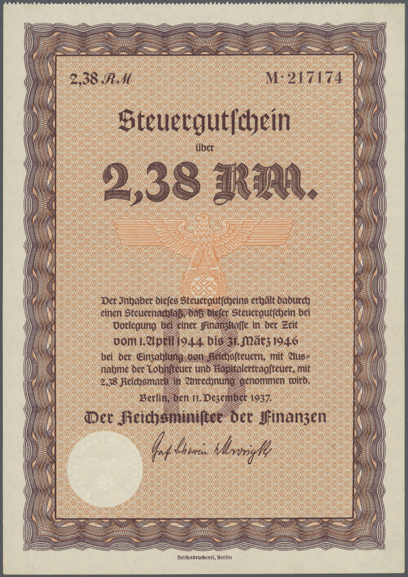 04616 Deutschland: Kleines Lot mit 20 diversen Steuergutscheinen Deutsches Reich 1937 zu 2,38 RM und 3,80 RM, Lebensmitt