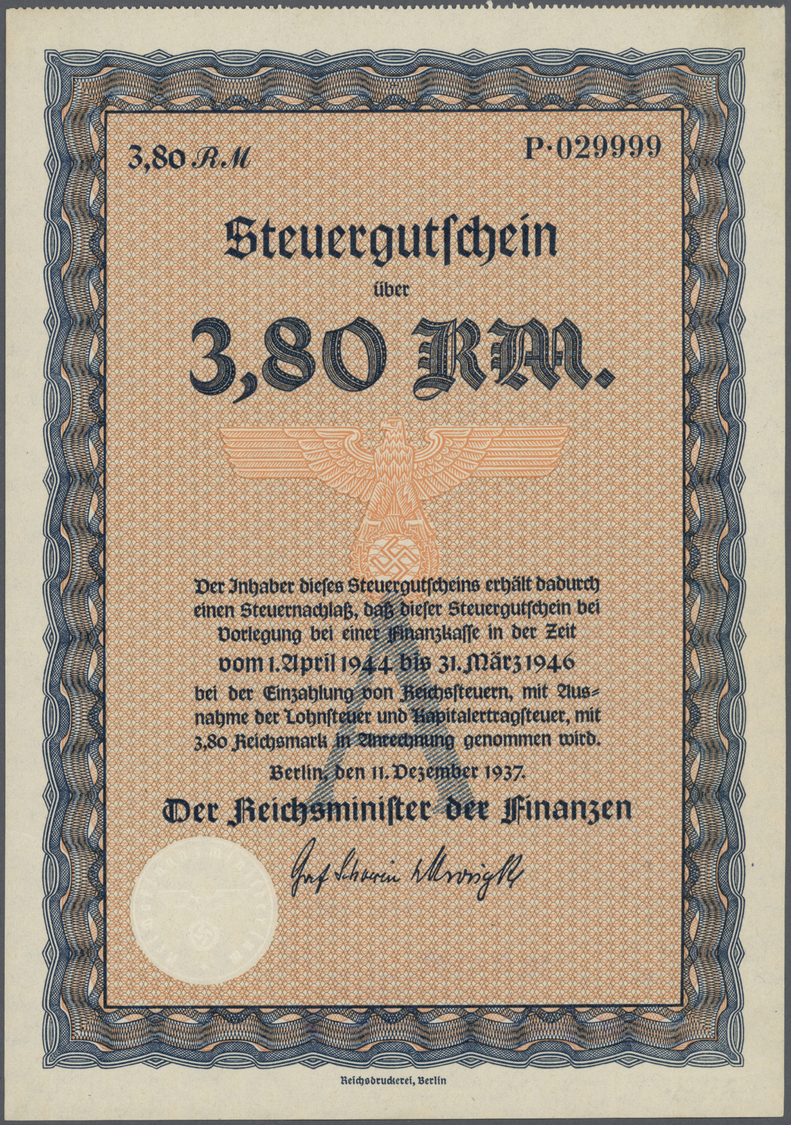 04616 Deutschland: Kleines Lot mit 20 diversen Steuergutscheinen Deutsches Reich 1937 zu 2,38 RM und 3,80 RM, Lebensmitt