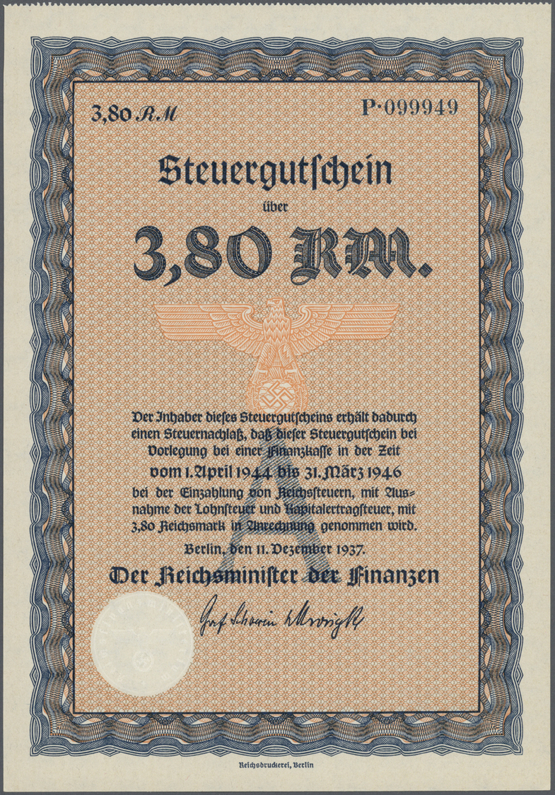 04616 Deutschland: Kleines Lot mit 20 diversen Steuergutscheinen Deutsches Reich 1937 zu 2,38 RM und 3,80 RM, Lebensmitt