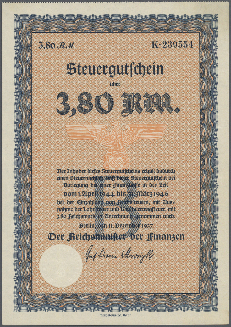 04616 Deutschland: Kleines Lot mit 20 diversen Steuergutscheinen Deutsches Reich 1937 zu 2,38 RM und 3,80 RM, Lebensmitt
