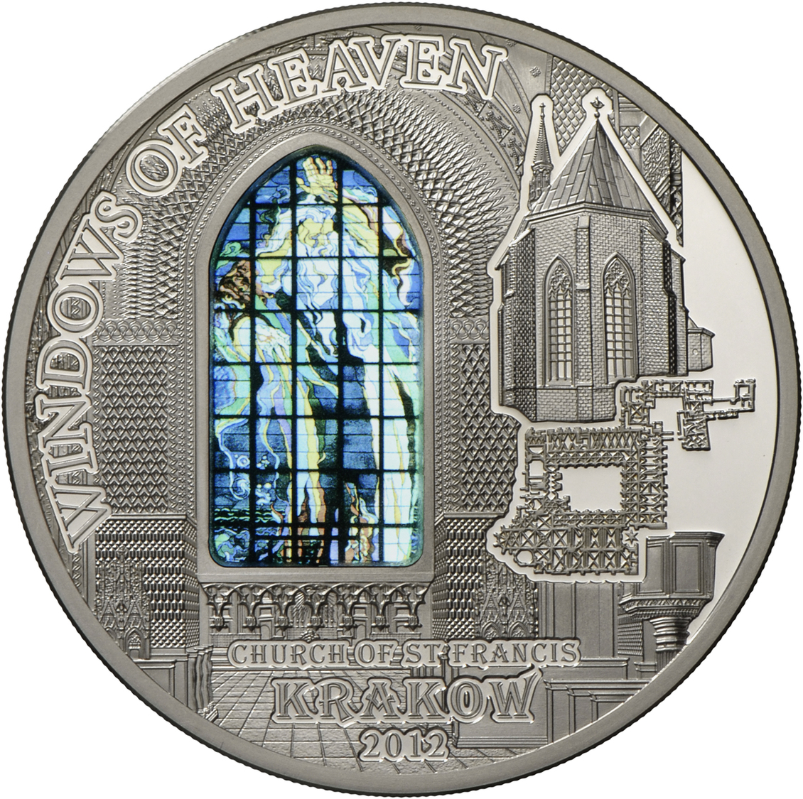 05036 Cook Inseln: WINDOWS OF HEAVEN: Franziskanerkirche "Schöpfungsfenster", 10 Dollars 2012, 50g 925er Silber, Im Schw - Cook