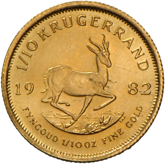 05059 Südafrika: 1/10 Unze "Krügerrand" 1982, Gold 916er; 3,39 G, Stempelglanz. - Afrique Du Sud