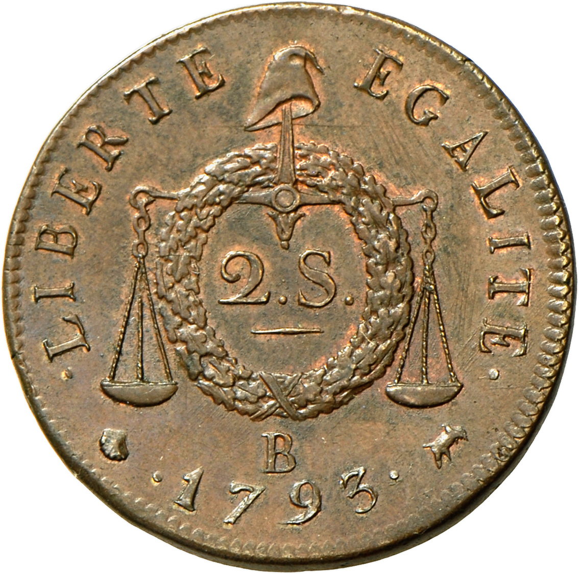 05097 Frankreich: Convention 1792-1795: 2 Sol Aux Balances, An II, 1793 B (Rouen), Durchmesser 35 Mm, Gewicht 22,2g. Gad - Autres & Non Classés