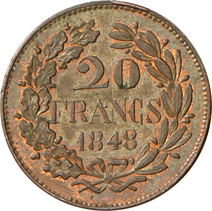 05112 Frankreich: Zweite Republik 1848-1852: Essai 20 Francs 1848 Piefort. Bronze, Durchmesser 21,1 Mm; Dicke 3,7 Mm;  G - Autres & Non Classés