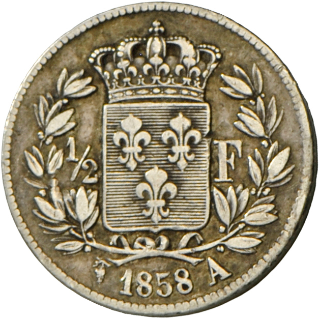 05117 Frankreich: Zweite Republik:  Henri V, Prätendent (*1820, &dagger;1883), 1/2 Franc 1858 A, Paris. Durchmesser 18,3 - Autres & Non Classés