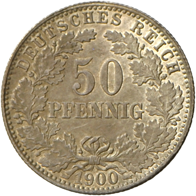 05359 Umlaufmünzen 1 Pf. - 1 Mark: 50 Pfennig 1900 J, Jaeger 15, Vorzüglich. - Taler Et Doppeltaler