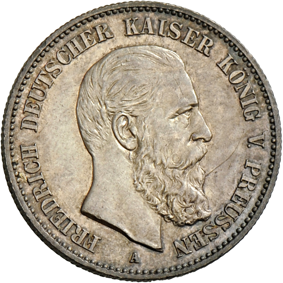 05371 Preußen: Friedrich III. 1888: 2 Mark 1888, Jaeger 98, Prachtvolle Patina, Stempelglanz. - Taler Et Doppeltaler