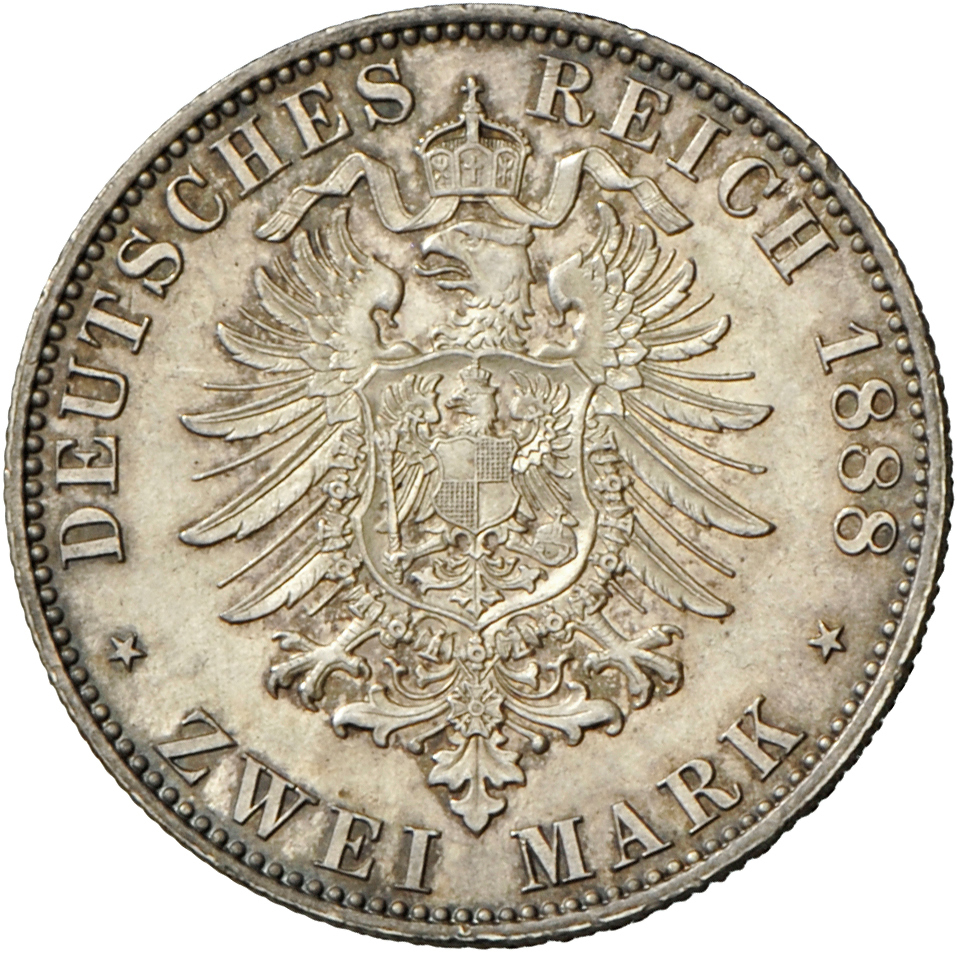 05371 Preußen: Friedrich III. 1888: 2 Mark 1888, Jaeger 98, Prachtvolle Patina, Stempelglanz. - Taler Et Doppeltaler