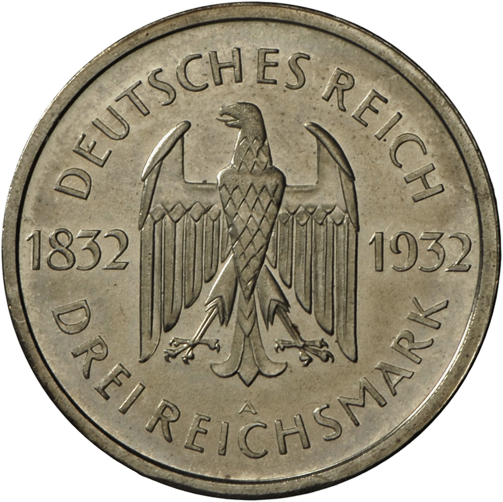 05409 Weimarer Republik: 3 Reichsmark 1932 A, Goethe, 100. Todestag, Jaeger 350, Min. Kratzer Auf Av, Polierte Platte. - Autres & Non Classés