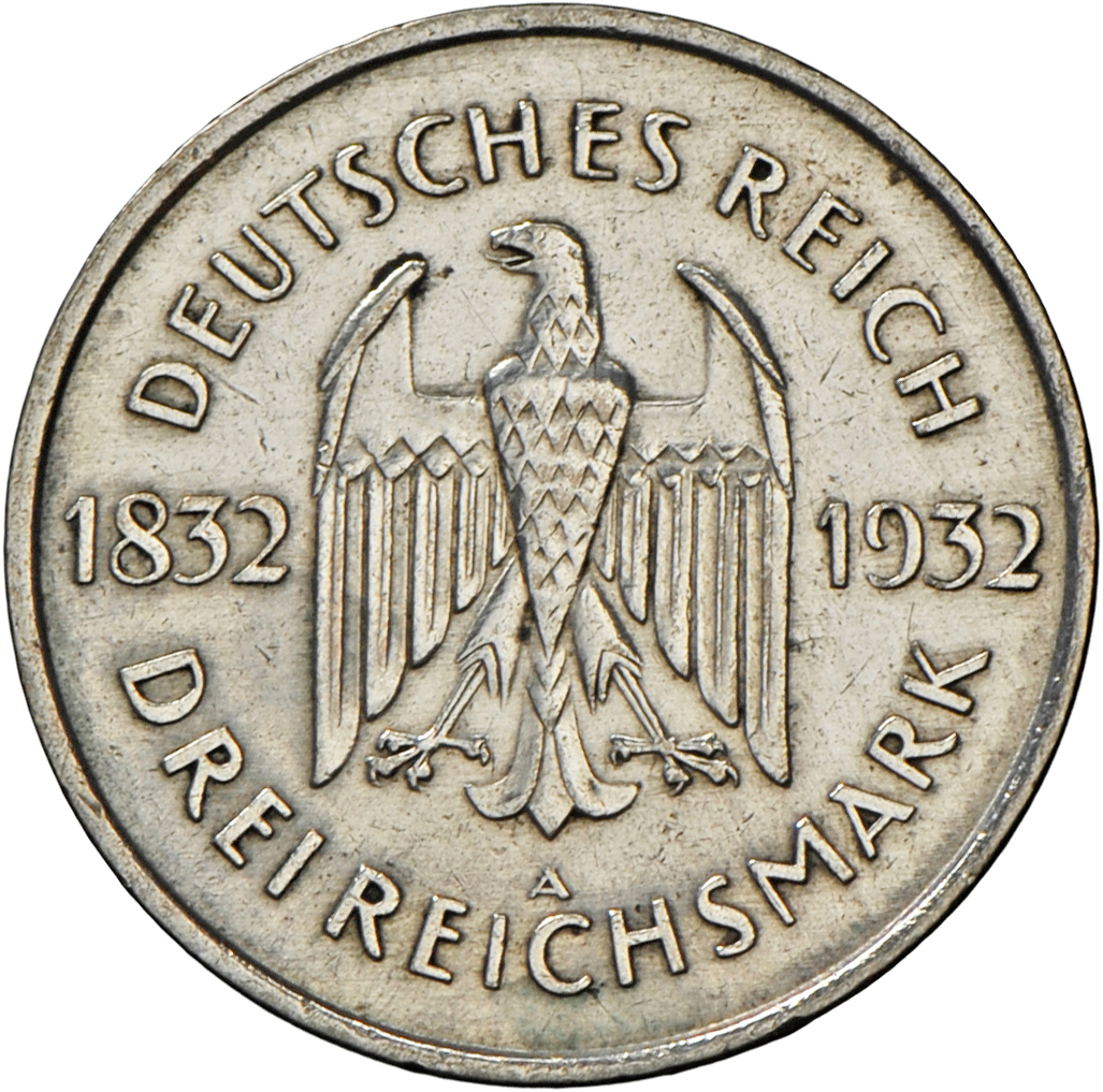 05410 Weimarer Republik: 3 Reichsmark 1932 A, Goethe, 100. Todestag, Jaeger 350, Sehr Schön. - Autres & Non Classés