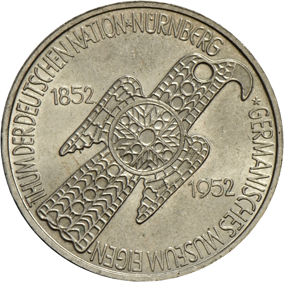 05413 Bundesrepublik Deutschland 1948-2001: 5 DM 1952 D, Germanisches Museum, Jaeger 388, Feine Kratzer, Vorzüglich. - Autres & Non Classés